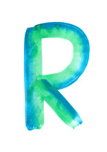 Blue And Green Watercolor Hand Drawing Letter R On White Background. Isolated Gradient Symbol Of English Alphabet For Logo.