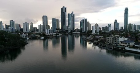 Canvas Print - Canals between islands of Surfers Paradise in Australian Gold Coast behind Pacific ocean waterfront forming cityscape by high-rise towers.