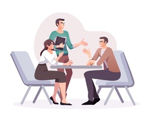 Wall Mural - Flat style business people characters in workplace. Male and female persons in office room. Businessman and businesswoman at work place. Casual business concept illustration