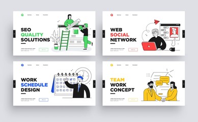 Set of Presentation slide templates or landing page websites design. Business concept illustrations. Modern flat outline style.
