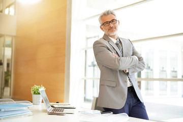 Wall Mural - Mature businessman standing at desk in modern office