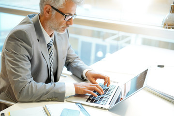 Wall Mural - Mature businessman working on computer in corporate office