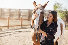 Lovely Caucasian Woman In Checked Shirt, Hugging Horse, Horsewoman Adore Her Pet, Smiling Gently, Grooming Animal As Standing On Farm Near Wooden Fence In Morning. Girl Want Become Horsewoman