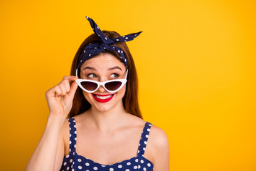 Sticker - Close-up portrait of her she nice attractive lovely pretty cheerful cheery curious straight-haired girl touching glasses isolated on bright vivid shine yellow background