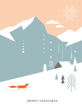 Christmas Card . Postcard. Stylized Christmas Fox, Mountains, Snowflakes, Christmas Trees, Landscape, Simple Minimalistic Scandinavian Style