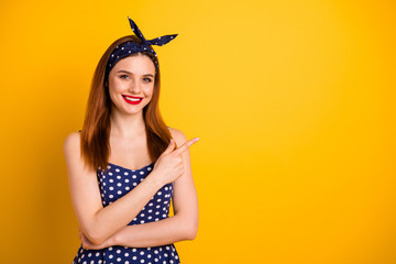 Poster - Photo of beautiful foxy lady indicate empty space low prices wear dotted dress headband isolated yellow background