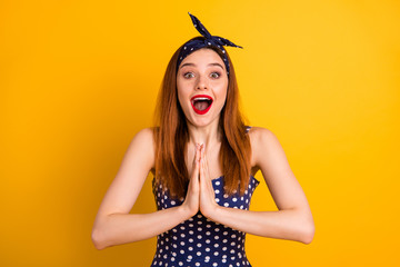 Poster - Photo of beautiful foxy lady red pomade arms together please buy me this symbol wear dotted dress headband isolated vivid yellow background