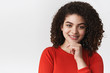 © Cookie Studio - Close-up intrigued satisfied grinning young creative young woman have interesting idea smiling delighted thoughtful pondering cool choice plan, taking decision touch chin white background