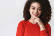 © Cookie Studio - Close-up smart curious good-looking clever woman dark curly hairstyle touch chin smiling satisfied hearing interesting idea pondering decision look thoughtful delighted, white background