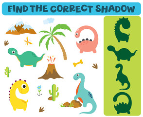 Wall Mural - Find the correct shadow. Adorable dinosaurs isolated on white background