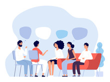 Addiction Treatment Concept. Group Therapy, People Counseling With Psychologist, Persons In Psychotherapist Sessions. Vector Image. Illustration Psychologist Counseling Group Patient