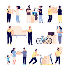 Sticker - People moving new house. family moves new home with loaders, collect supplies in boxes. Isolated vector characters set. Illustration of delivery people, relocation and move box