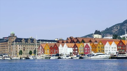 Wall Mural - Bergen, Norway, Scandinavia, July 2019: Port of Bergen with view on the historical buildings of Bryggen in the ancient city Bergen, in Norway, Scandinavia