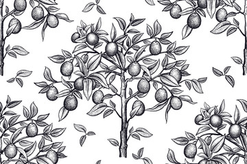 Seamless pattern with citrus trees. Black and white drawing.