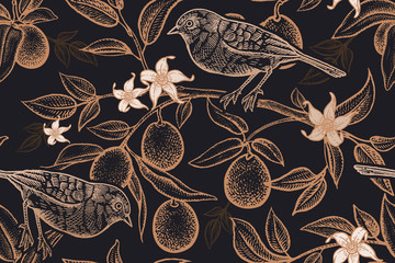 Seamless pattern with plants and birds. Bird on a branch of citrus tree.