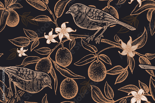 Fotomural Seamless pattern with plants and birds