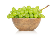 Lot Of Whole Fresh Green Grape In Big Wooden Bowl Isolated On White Background