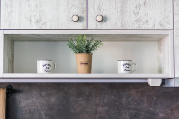 Rosemary plant on a kitchenette shelf with two iron mugs