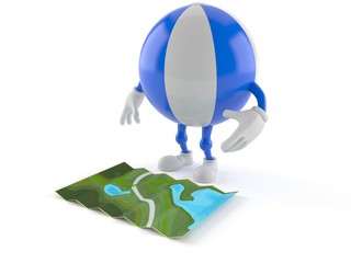 Wall Mural - Beach ball character looking at map