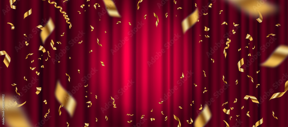 Spotlight on red curtain background and falling golden confetti. Vector illustration. - obrazy, fototapety, plakaty 
