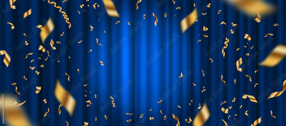 Spotlight on blue curtain background and falling golden confetti. Vector illustration. - obrazy, fototapety, plakaty 
