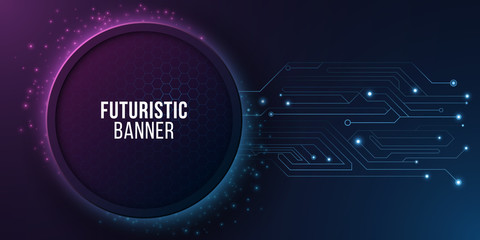 Poster - futuristic high tech banner with computer circuit. modern tech design. blue and purple glowing neon 