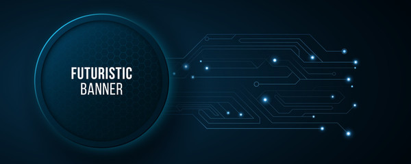 Poster - high tech banner with computer circuit. modern tech design. blue glowing neon honeycombs. abstract g