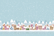 Winter Town Flat Style With Snow Falling And Mountain