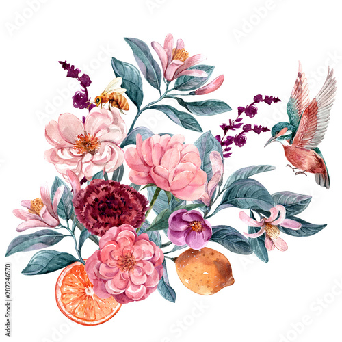 floral illustration, Leaf and buds. Botanic composition for design. branch of...