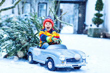 Funny Little Smiling Kid Boy Driving Toy Car With Christmas Tree.