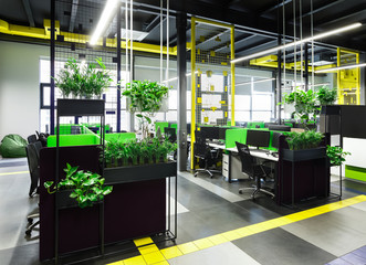 Poster - Office interior in loft style in grey, green and yellow colors