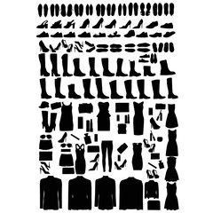 Sticker - vector, isolated, a set of silhouettes of women's and men's clothing and shoes