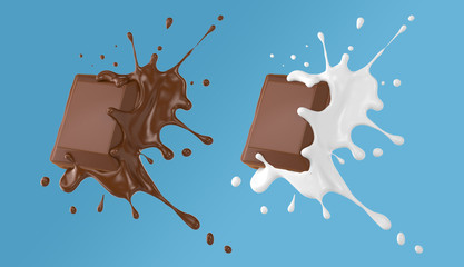 Poster - chocolate pieces falling on chocolate sauce and Milk cream splash 3d illustration.