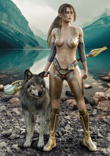 Portrait Of A Female Magical Druid Holding Her Enchanted Staff And Posing With Her Tamed Wolf From The Wild. Fantasy Themed Character With Stunning Mountains Backdrop And Lake Background. 3d Rendering