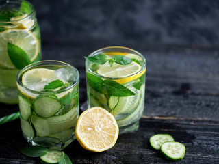 Wall Mural - summer cucumber lemonade with lemon and mint. cold drink lemonade