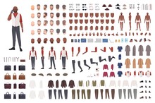 African American Man Creation Set Or Avatar Kit. Collection Of Male Body Parts In Different Poses, Clothes Isolated On White Background. Front, Side, Back Views. Flat Cartoon Vector Illustration.