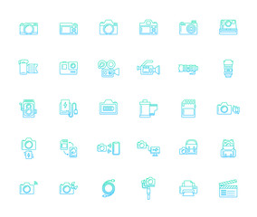  Lineal gradient design icon set of photography camera, cinema or movie camera, action camera and accessories concept.