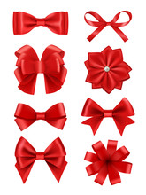 Bow Realistic. Ribbons For Decoration Hair Bow Celebration Party Items Vector Collection. Illustration Of Red Bow Ribbon, Satin Silk Tie