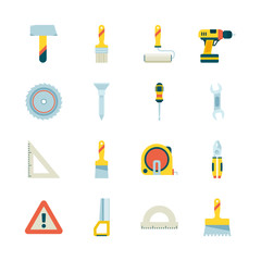 Poster - Construction icon. Building industry equipment crane roulette paint saw hammer vector flat pictures collection. Illustration of tool screwdriver and wrench, roulette and hammer