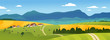 Vector flat landscape illustration of summer countryside nature view: sky, mountains, cozy village houses, cows, fields and meadows. For farm product packaging, sticker design, banner, flayer etc.