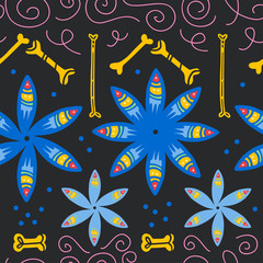 Wall Mural - Vector seamless pattern with Mexico traditional celebration decor elements - bones, petals, flowers & abstract ornaments isolated on dark blue background. Good for packaging, prints, textile.