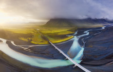 Iceland. Aerial View On The Mountain And Bridge. Landscape In The Iceland During Sundown. Famous Place In Iceland. Landscape From Drone. Travel - Image