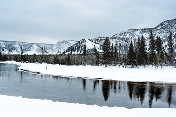 Wall Mural - Winter scene  of a river and snow covered mountains in Yellowstone National Park, Wyoming. 