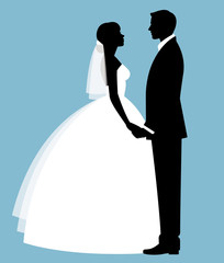 Wall Mural - Silhouette of a loving couple of newlyweds groom and bride in full length in wedding dresses