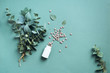 Alternative medicine - green eucalyptus leaves and pills on green background. Detox and anti parasite cleanse concept