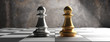 Gold and silver chess pawns standing on a chessboard background. 3d illustration