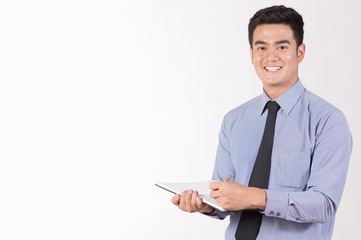 Attractive young Asian people with ASEAN races Working age Sitting, taking notes and checking things With pens and notebooks Face and joyful mood Happy smile