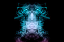 The Head Of A Mystical Animal Or Insect In The Form Of Curly Smoke Of Green And Pink Color With Large Eyes On A Black Background. Print For Clothes.