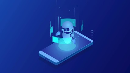 Poster - isometric bot and cybersecurity, artificial intelligence concept. ai and business iot concept. dialo