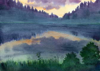 Wall Mural - twilight and fog over the lake